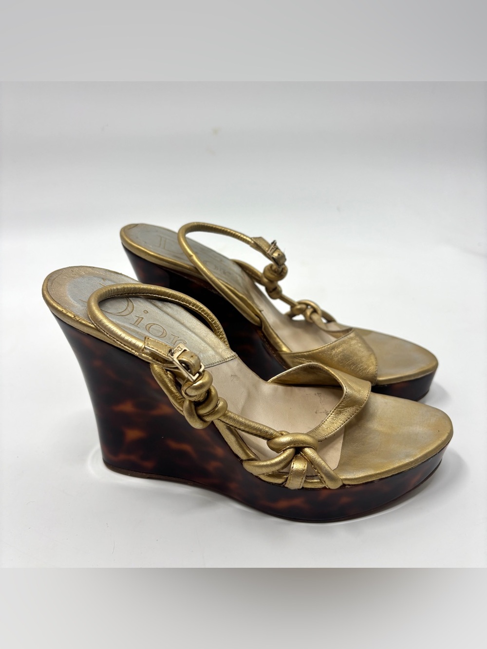 Christian Dior Gold leather sandals with Tortoise wedge